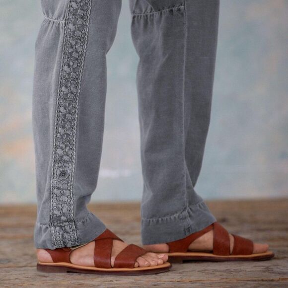 Sundance Sz. 4 New Linen Cotton Blend Organia Lace Pants in Sand Boho Lagenlook - Picture 3 of 16